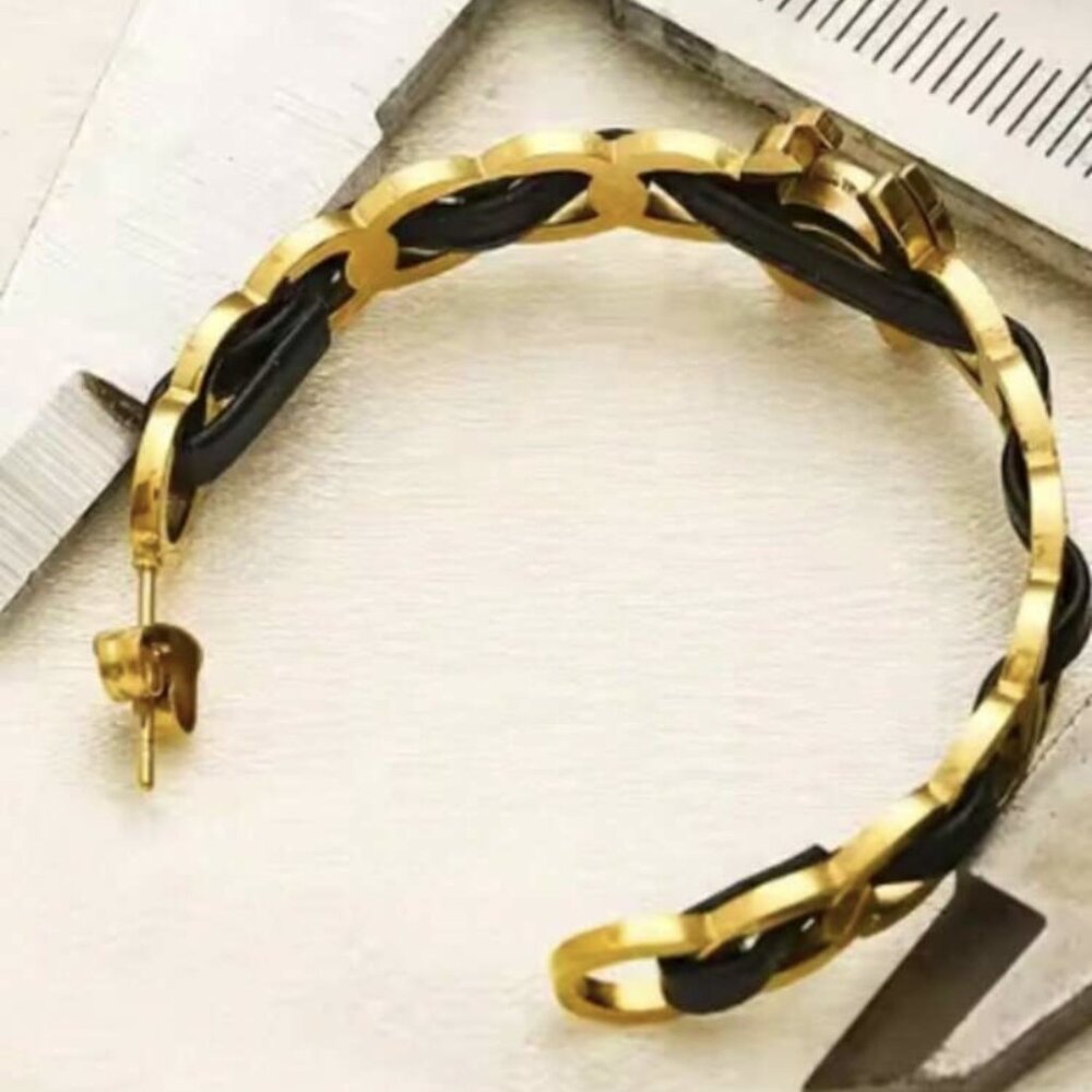 Chic Chanel CC Gold Hoop Earrings with Black Leather Chain - Picture 3 of 7